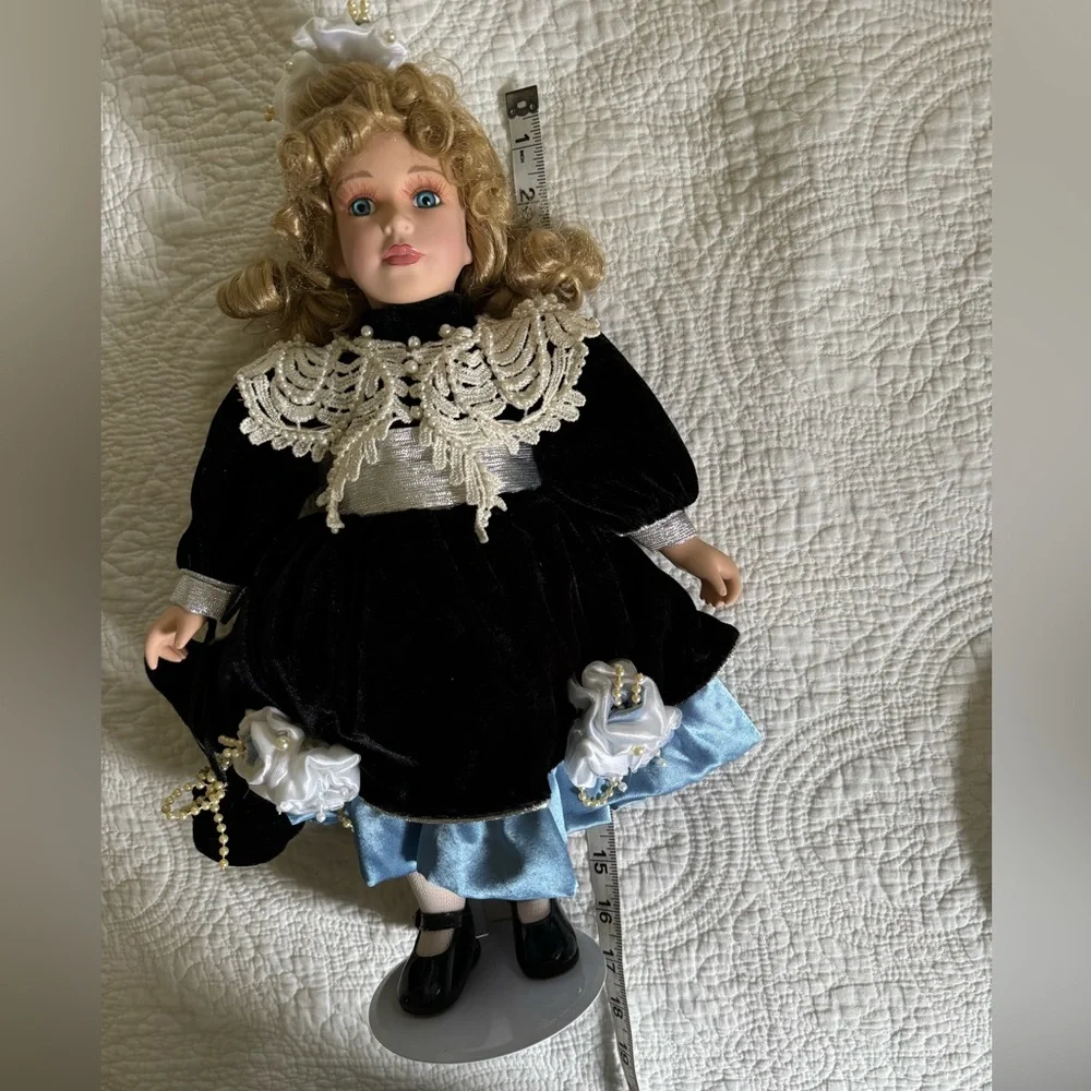 Standing Porcelain Victorian Doll with Stand, 17 inches Tall